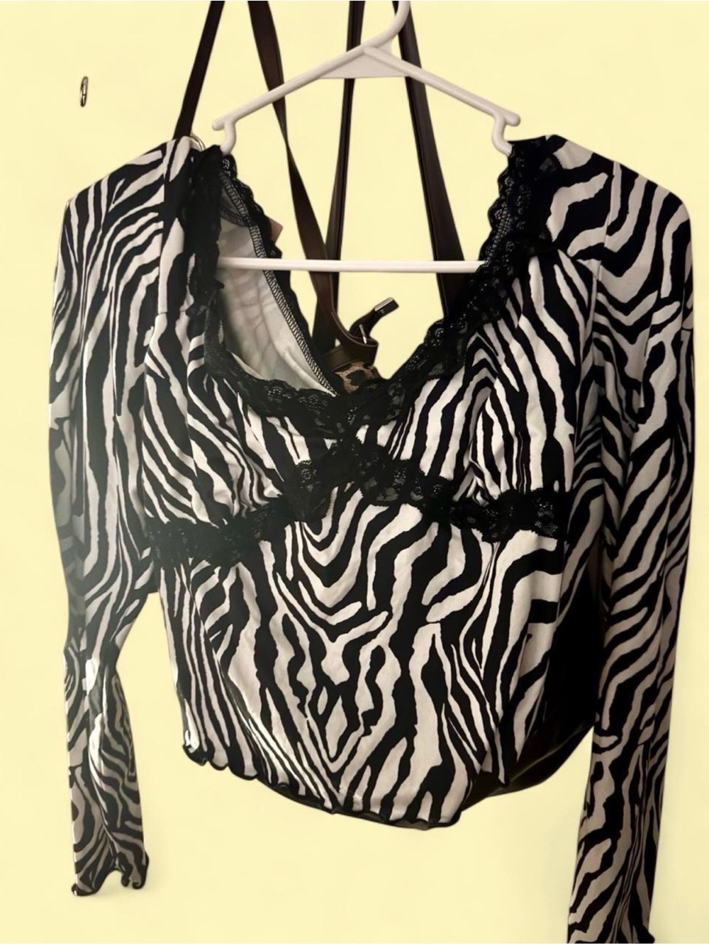 Two Zebra Print Lace-Trim Long Sleeve Women's Tops